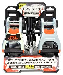 Erickson 1 1/4" x 12' - 2000 lb Deluxe Tie-Downs w/Web Clamp and Safety Snap Hooks 